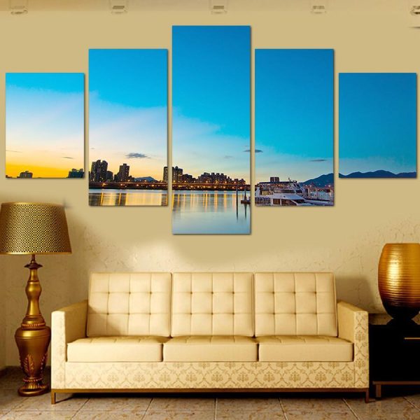 The Setting Sun City - Nature 5 Panel Canvas Art Wall Decor