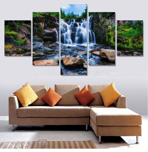 The Sound Of Waterfall - Nature 5 Panel Canvas Art Wall Decor