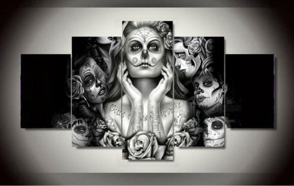 The Sugar Skull Girl - Abstract 5 Panel Canvas Art Wall Decor