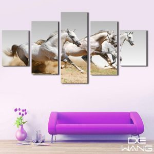 The Three White Horses - Animal 5 Panel Canvas Art Wall Decor