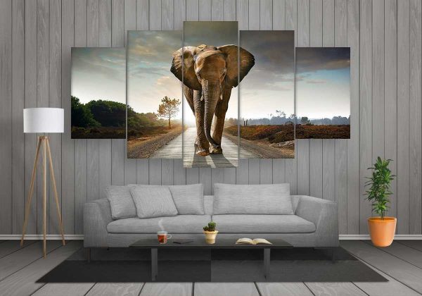 The Walking Elephant - Animal 5 Panel Canvas Art Wall Decor