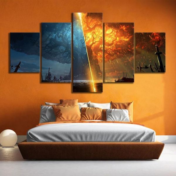 The World Tree Fire/Ice World of Warcraft Gaming - 5 Panel Canvas Art Wall Decor