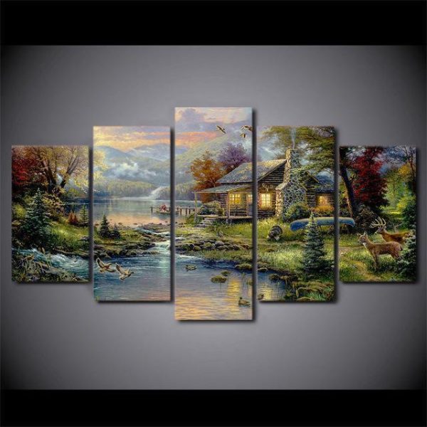 Thomas Kinkade Fairy Fantasy Castle Landscape 1 Nature - 5 Panel Canvas Art Wall Decor