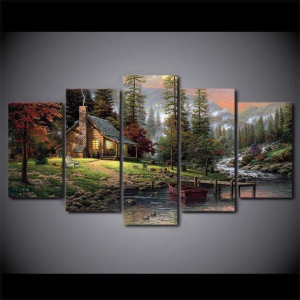 Thomas Kinkade Fairy Fantasy Castle Landscape 2 Nature - 5 Panel Canvas Art Wall Decor