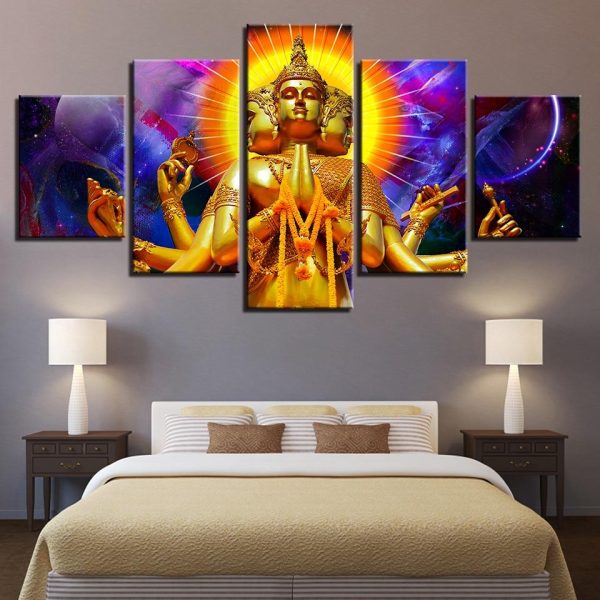 Three Heads And Six Arms Buddha - Religion 5 Panel Canvas Art Wall Decor