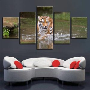 Tiger In The River - Animal 5 Panel Canvas Art Wall Decor