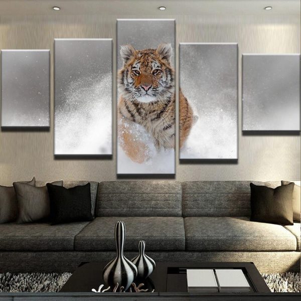 Tiger In The Snow - Animal 5 Panel Canvas Art Wall Decor