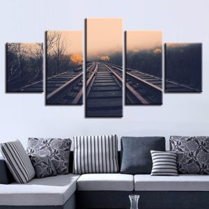 Train Tracks And Tree - Nature 5 Panel Canvas Art Wall Decor