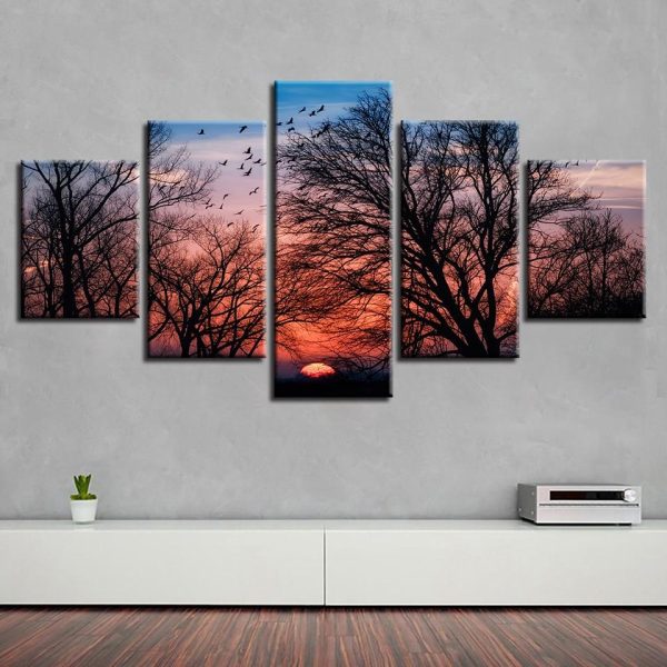 Tree And Bird Natural - Nature 5 Panel Canvas Art Wall Decor