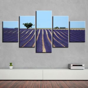 Tree And Lavender Flowers Field - Nature 5 Panel Canvas Art Wall Decor