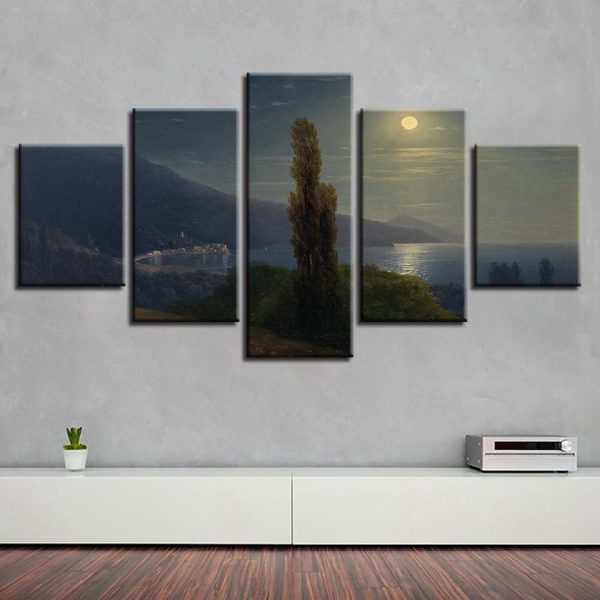 Tree Beach Mountain Moon - Nature 5 Panel Canvas Art Wall Decor