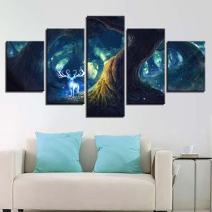 Tree Deer God Forest Animal Bucks Fairy - Abstract Animal 5 Panel Canvas Art Wall Decor