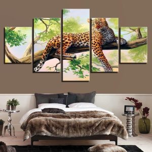 Tree Leopard Animals Tiger - Animal 5 Panel Canvas Art Wall Decor