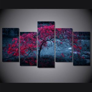 Tree Light Purple Autumn Leaves 01 - Nature 5 Panel Canvas Art Wall Decor