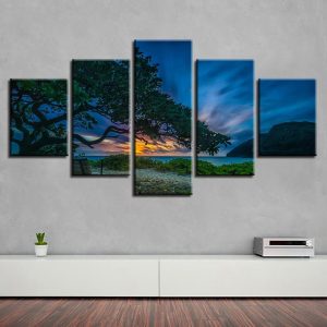 Tree Mountain Sunset - Nature 5 Panel Canvas Art Wall Decor