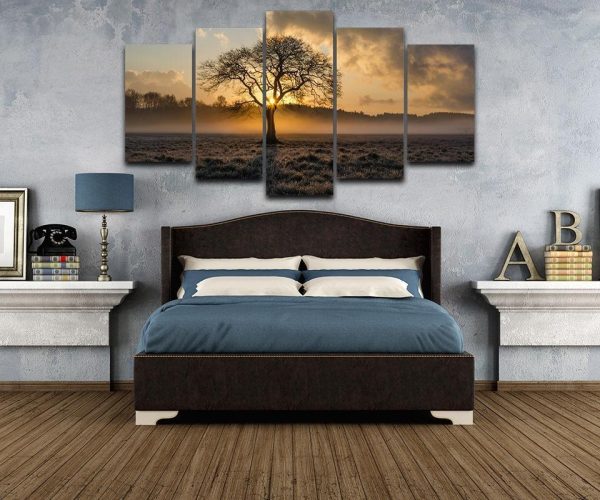 Tree Sunrise Fog Field - Nature 5 Panel Canvas Art Wall Decor