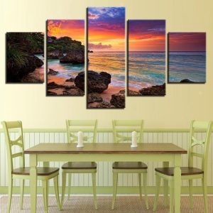 Tropical Beach Sunset Ocean - 5 Panel Canvas Art Wall Decor