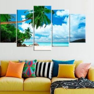 Tropical Beach Trees Large 1 - Nature 5 Panel Canvas Art Wall Decor