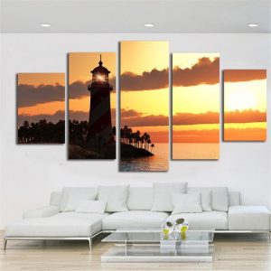 Tropical Lighthouse Sunset - Nature 5 Panel Canvas Art Wall Decor