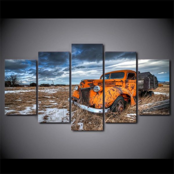 Truck Orange Snow - Automative 5 Panel Canvas Art Wall Decor