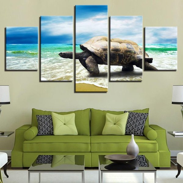 Turtle Crawling On The Beach Sea Waves - Animal 5 Panel Canvas Art Wall Decor