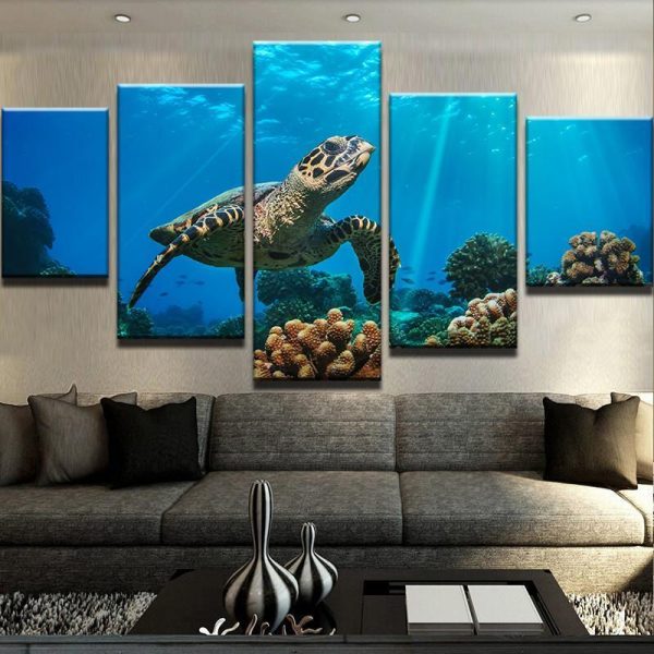 Turtle Sunrays - Animal 5 Panel Canvas Art Wall Decor