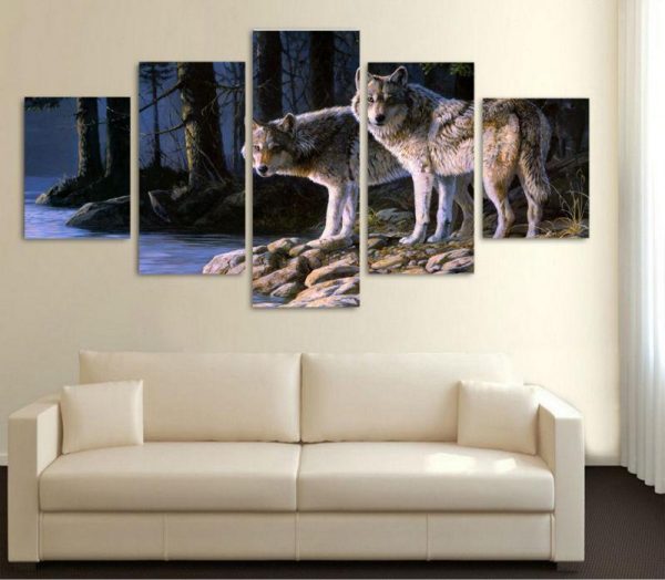 Two Curious Wolves - Animal 5 Panel Canvas Art Wall Decor