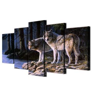 Two Wolves At Night By Water 01 - Animal 5 Panel Canvas Art Wall Decor