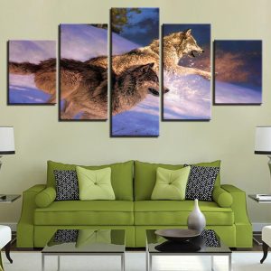 Two Wolves Running In The Snow - Animal 5 Panel Canvas Art Wall Decor