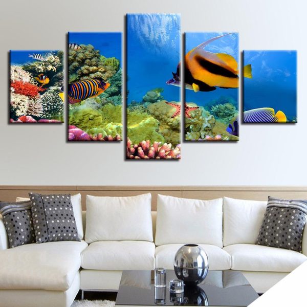 Underwater Sea Fish Coral Reef Goldfish -Animal 5 Panel Canvas Art Wall Decor