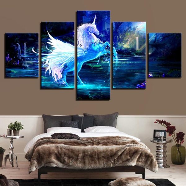 Unicorn Bedside Background 1 - Animal 5 Panel Canvas Art Wall Decor