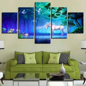 Unicorn Bedside Background - Animal 5 Panel Canvas Art Wall Decor