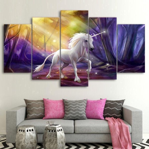 Unicorn Mystery Purple Animal - 5 Panel Canvas Art Wall Decor