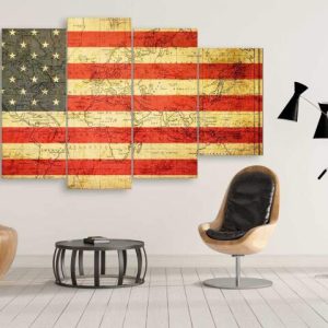 Usa Flag Overlay With Magnetic Curves World Map - World Map 5 Panel Canvas Art Wall Decor