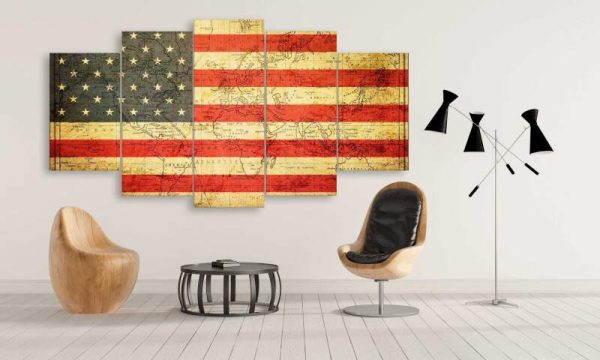 Usa Flag Overlay With Magnetic Curves World Map - World Map 5 Panel Canvas Art Wall Decor