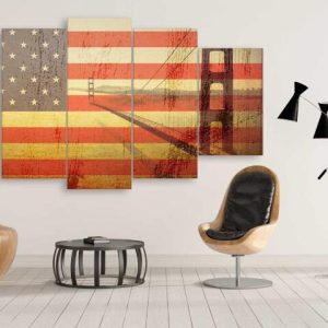 Usa Flag Overlay With Shades Of Golden Gate Bridge - Nature 5 Panel Canvas Art Wall Decor