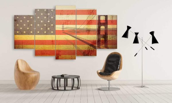 Usa Flag Overlay With Shades Of Golden Gate Bridge - Nature 5 Panel Canvas Art Wall Decor