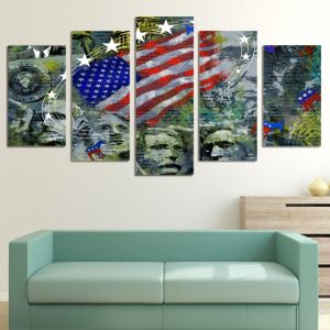 Usa Flag With Mount Rushmore Presidents - Abstract 5 Panel Canvas Art Wall Decor