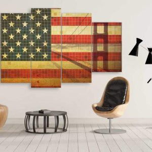 Usa Mosaics Flag Overlay With Golden Gate Bridge 02 - Nature 5 Panel Canvas Art Wall Decor