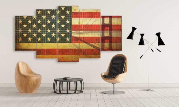 Usa Mosaics Flag Overlay With Golden Gate Bridge 02 - Nature 5 Panel Canvas Art Wall Decor