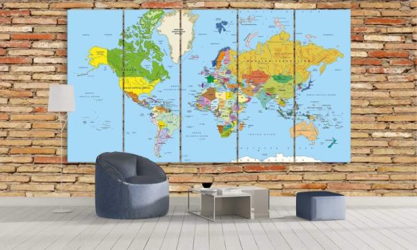 Veducational World Map - World Map 5 Panel Canvas Art Wall Decor