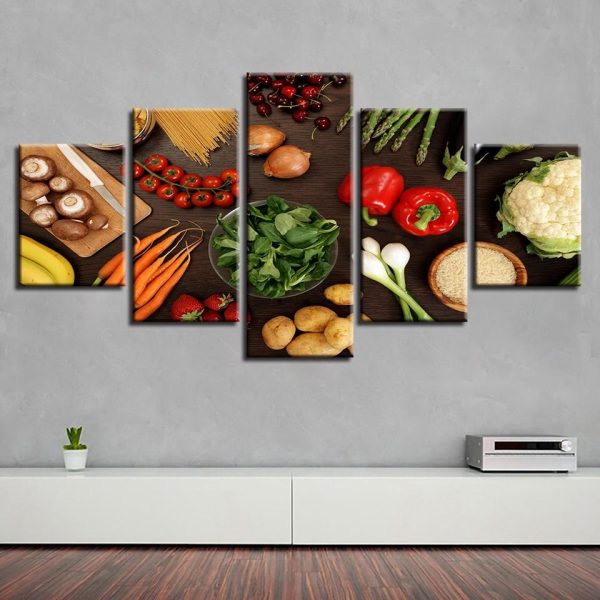 Vegetable Mushroom Chili Potato Carrot - Kitchen 5 Panel Canvas Art Wall Decor