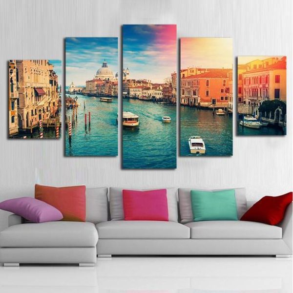 Venice Water City Ship Sunset Scenery - Nature 5 Panel Canvas Art Wall Decor