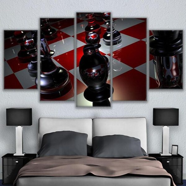 Vintage Reflective Chess Game Modern - Gaming 5 Panel Canvas Art Wall Decor