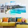 Waikiki Beach Hawaii Honolulu Oahu Island Buildings Cityscape Skyline - Nature 5 Panel Canvas Art Wall Decor