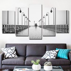 Walk On The Pier In The Rain - Nature 5 Panel Canvas Art Wall Decor