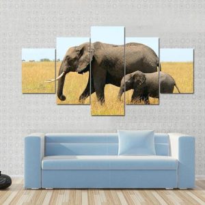 Walking African Elephants 1 - Animal 5 Panel Canvas Art Wall Decor