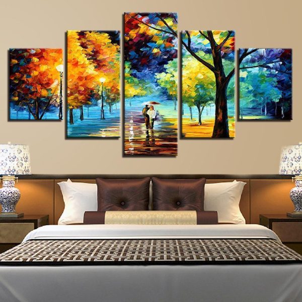 Walking In The Rain Scenery Abstract Color Tree - Abstract 5 Panel Canvas Art Wall Decor