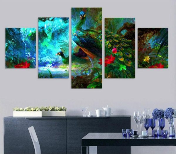 Wallation Colorful Peacocks Landscape Oil - Animal 5 Panel Canvas Art Wall Decor