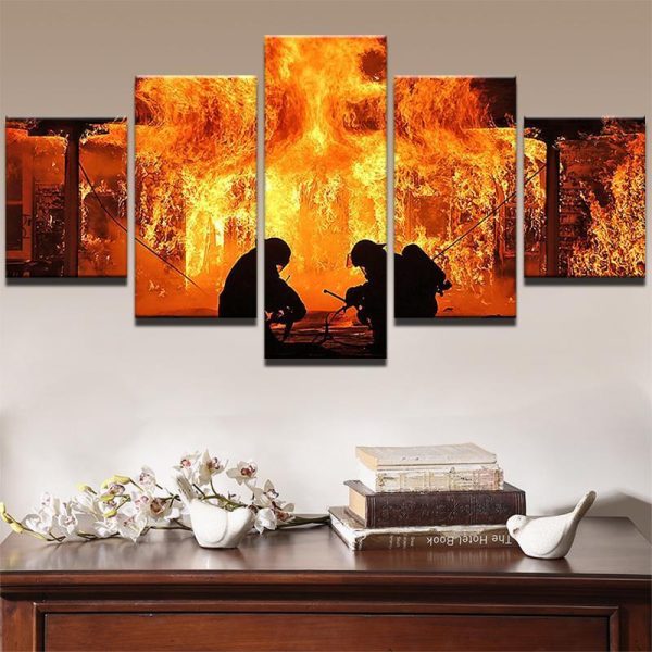 Warrior Fireman Fire Fighter - Career 5 Panel Canvas Art Wall Decor